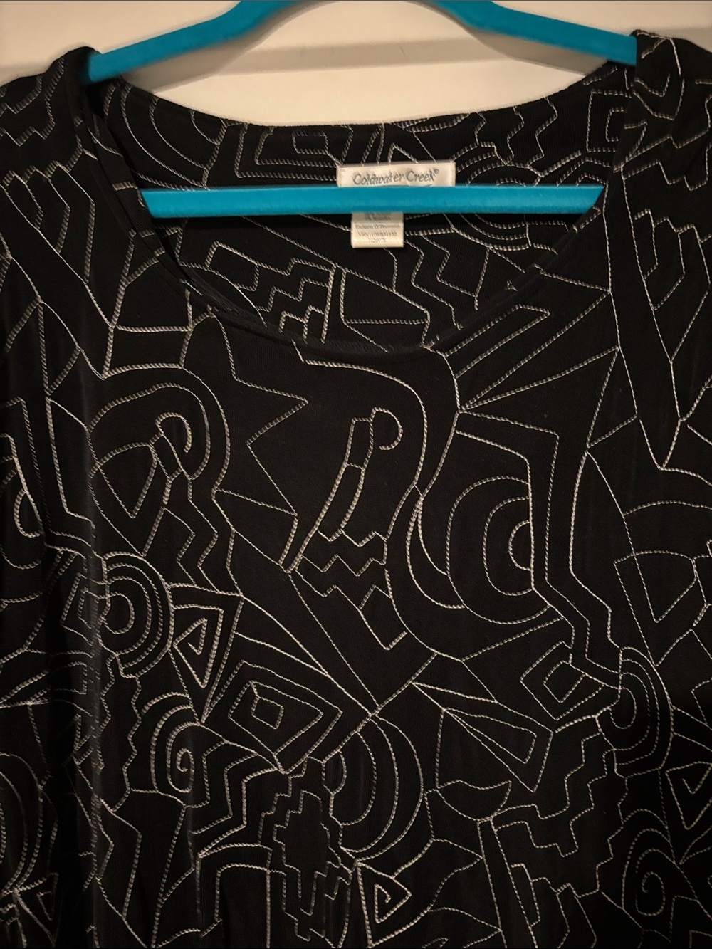 Coldwater Creek Black Top with White Geometric Stitching